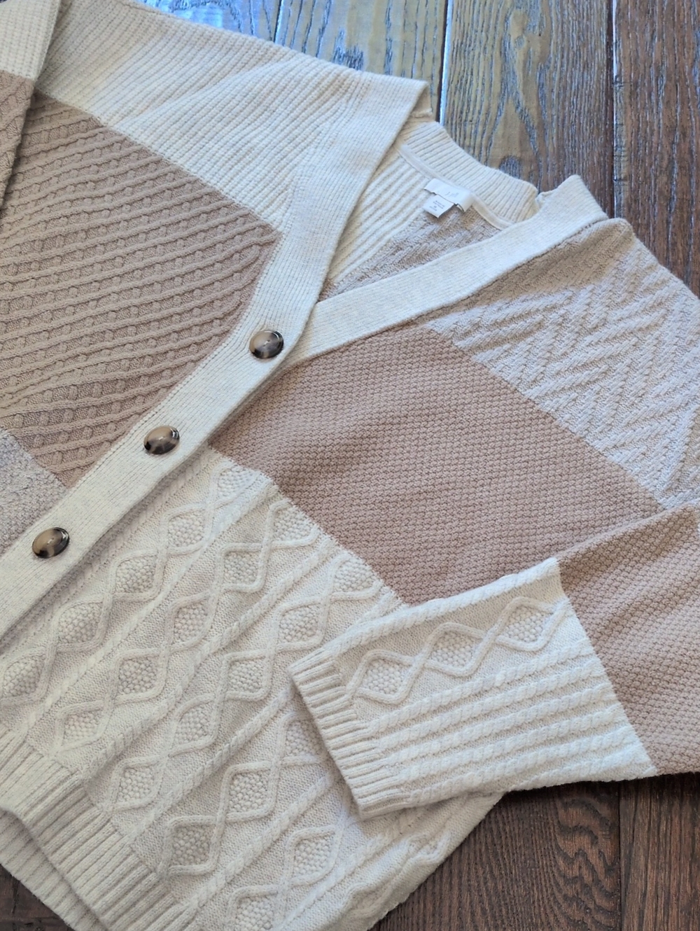 J. JILL I Cream & Beige Boxy Patchwork Knit Cardigan Button Front Sweater, XL P